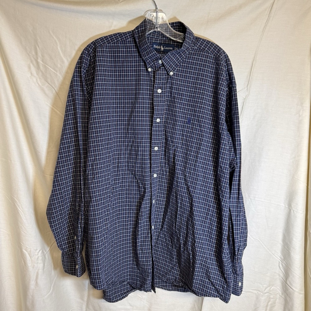 Ralph Lauren Blake Navy Plaid Men's Long Sleeve Button Up Shirt Sz XL Vintage